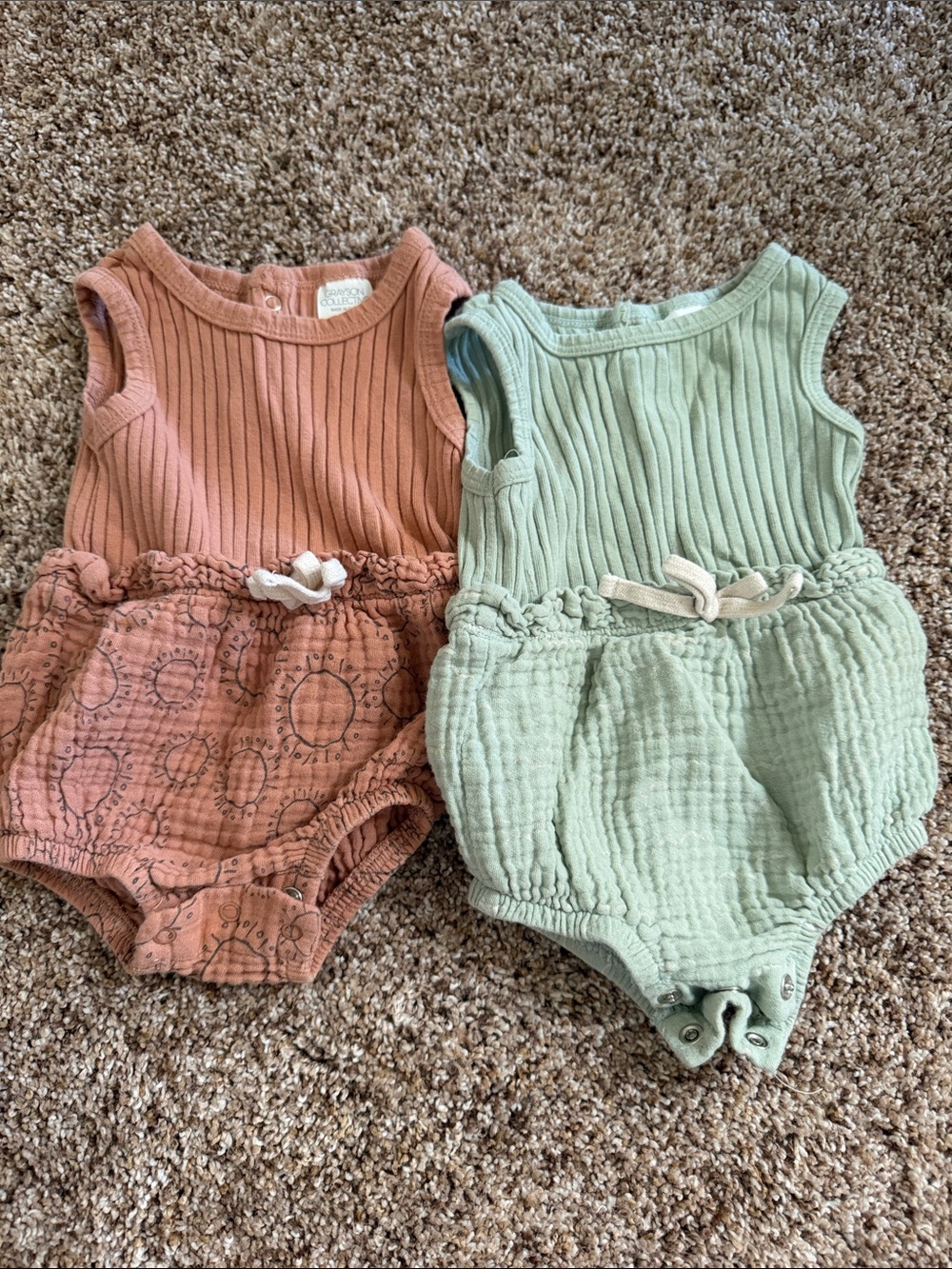 Newborn Ribbed Cotton One-Piece Bodysuit - Mint Green and Terracotta